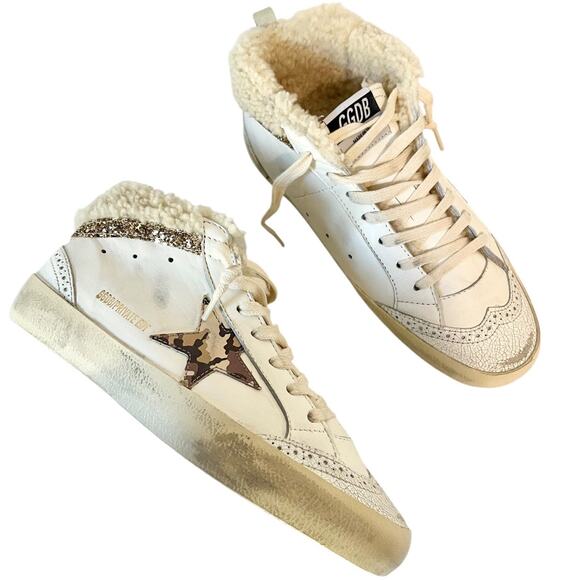 NEW Golden Goose Mid Star Shearling Camo Stars Gold Sparkle Sneakers Size 38 - Picture 1 of 14
